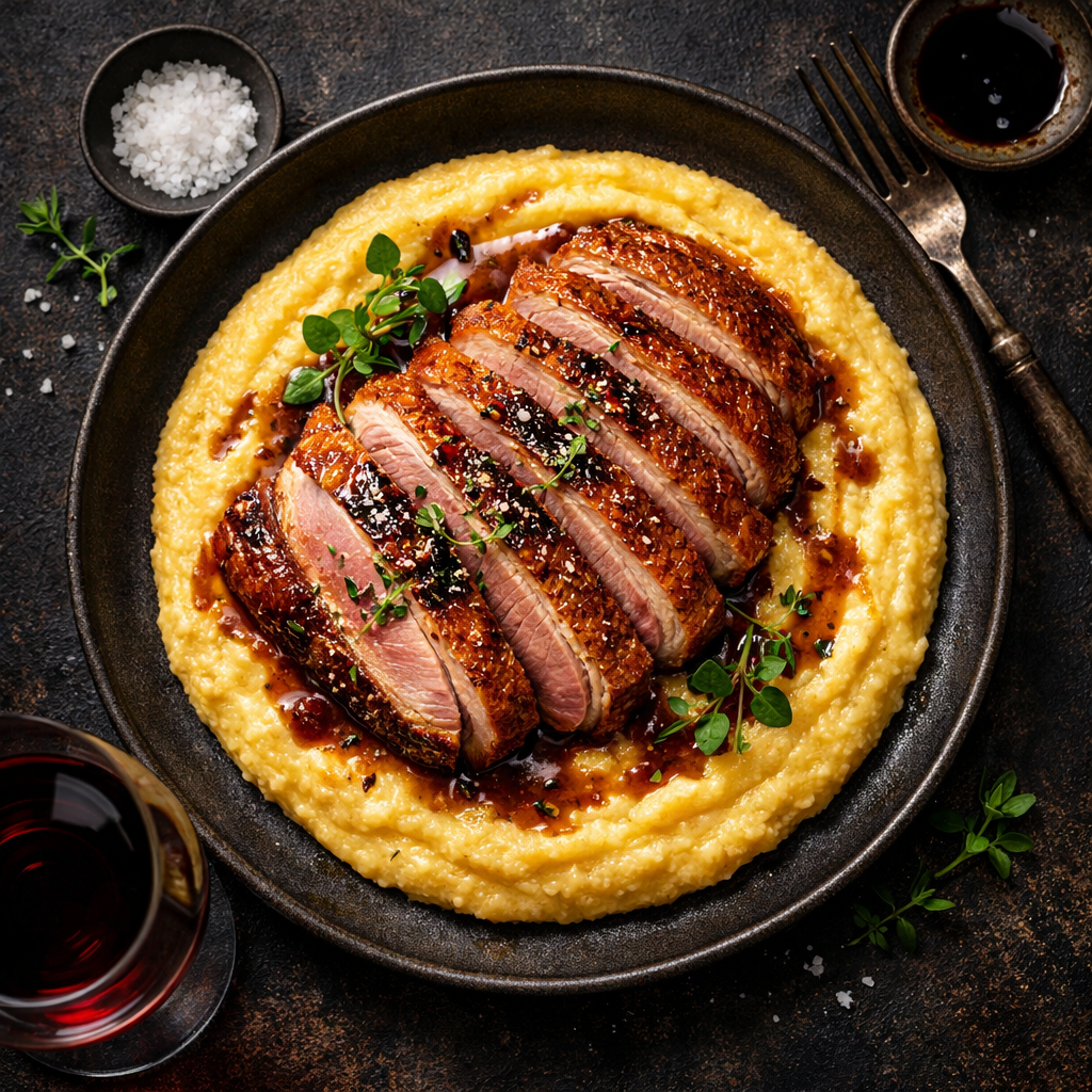 Magret de canard rôti avec polenta crémeuse