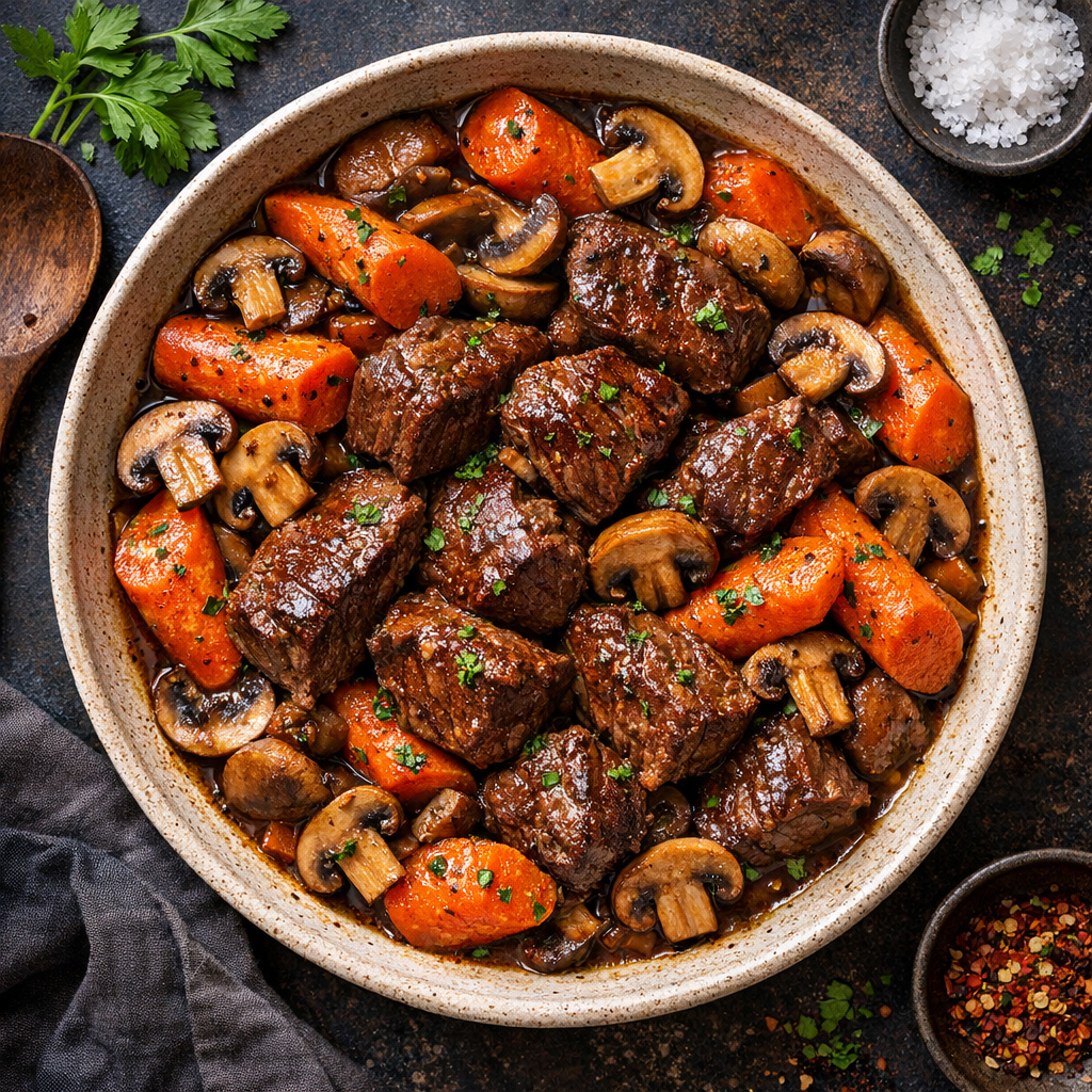 Bœuf, carottes et champignons mijotés