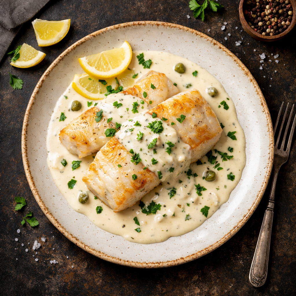 Poisson blanc en sauce crémeuse