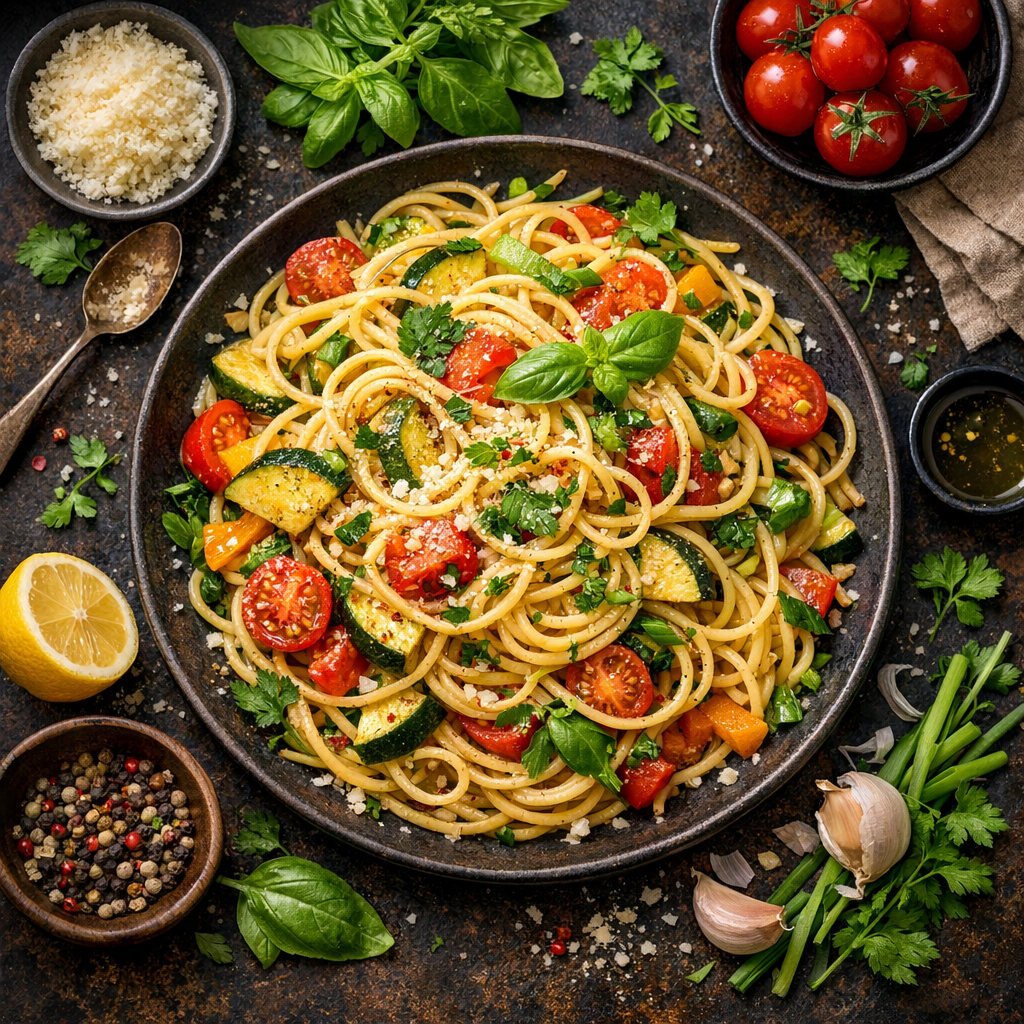 Pâtes aux herbes fraîches et légumes