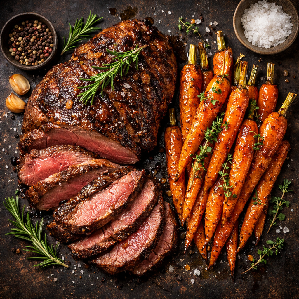 Gigot de venison rôti avec carottes rôties au miel