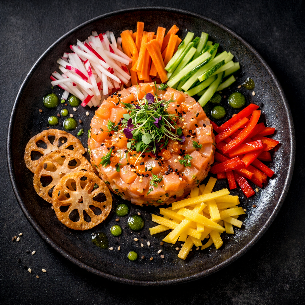 Tartare de truite aux légumes croustillants