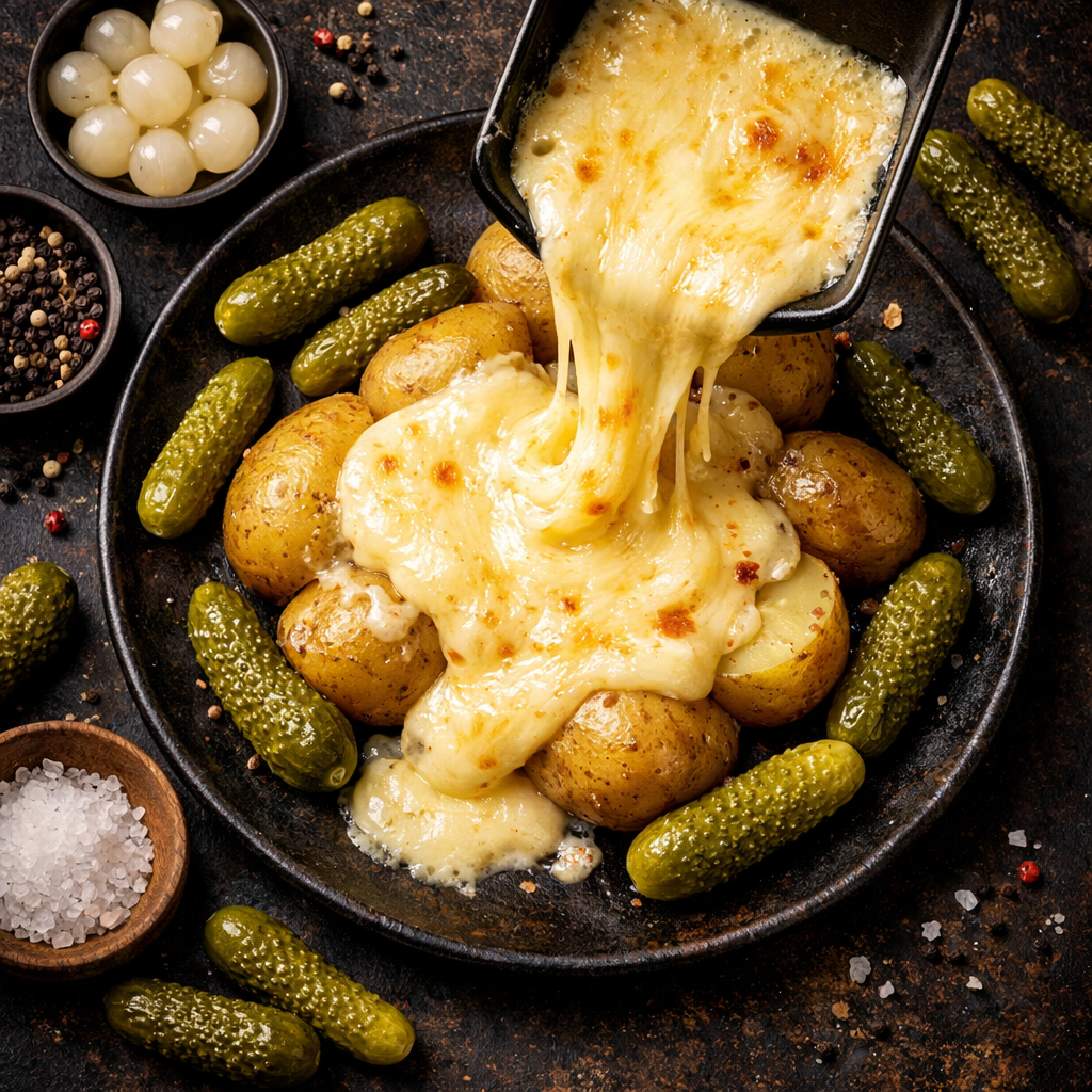Raclette fondante avec cornichons