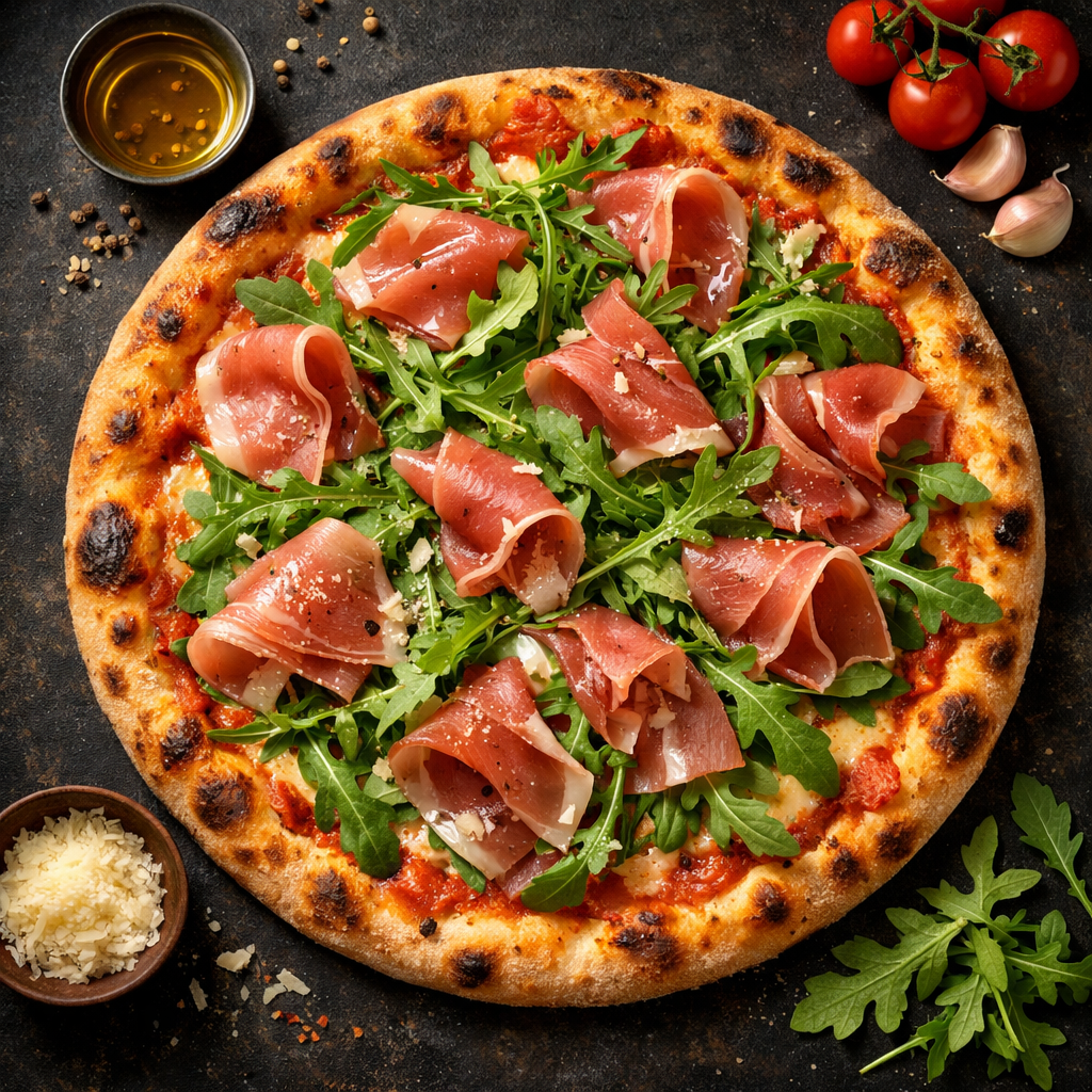 Pizza au jambon cru et roquette