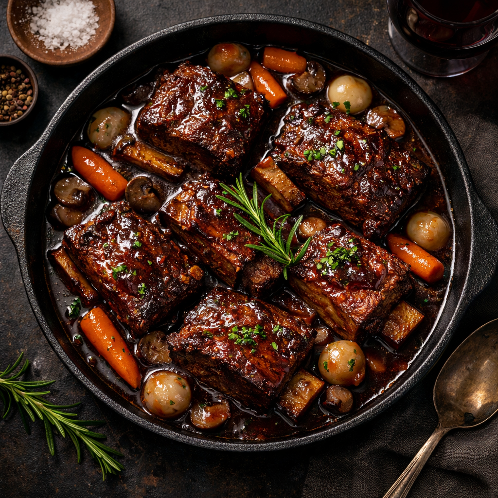 Côtes courtes de boeuf braisées au vin rouge