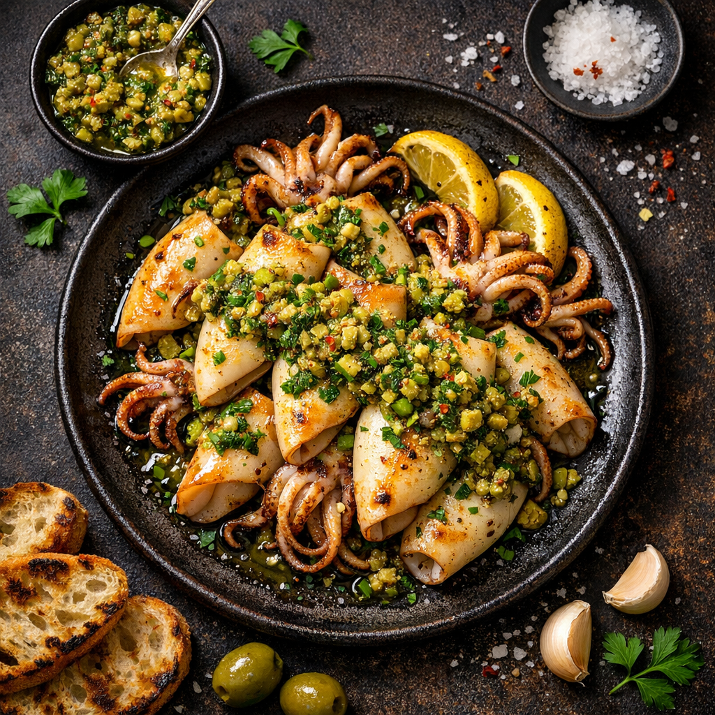 Calamar sauté à la tapenade d'olives vertes