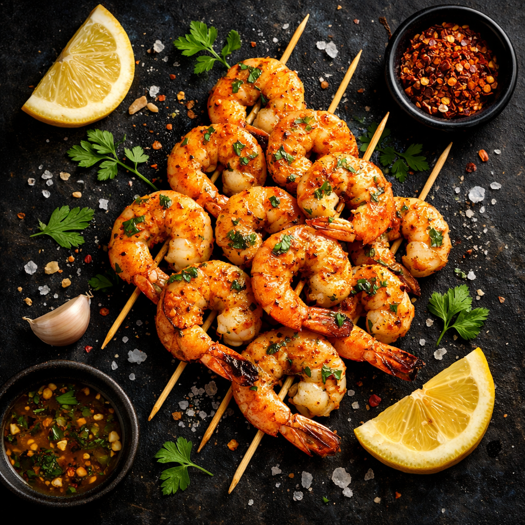 Brochettes de crevettes sautées aux épices