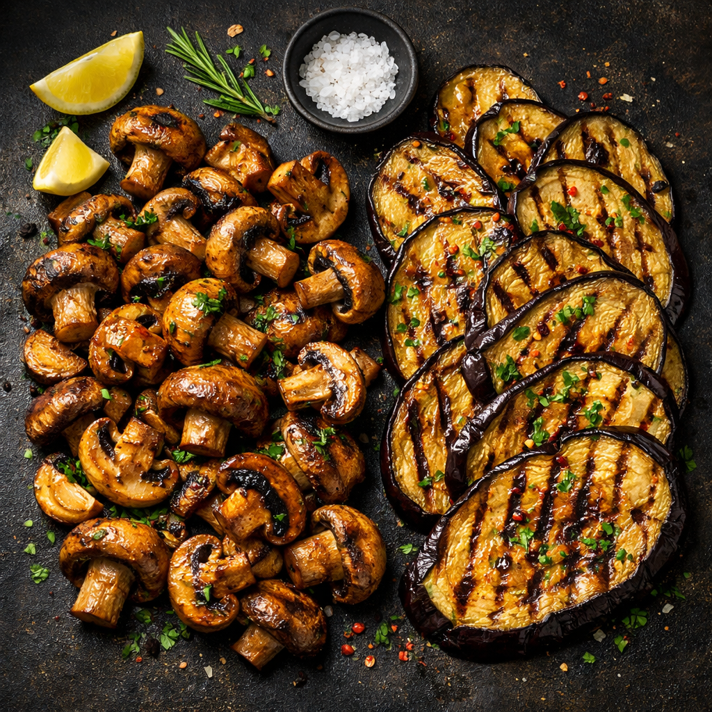 Champignons et aubergines grillés