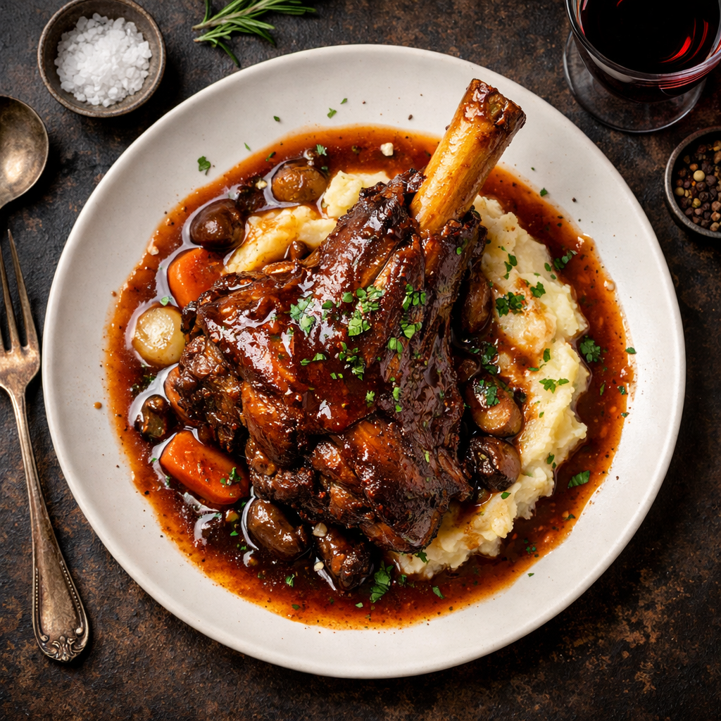 Épaule d'agneau braisée à la sauce vin rouge