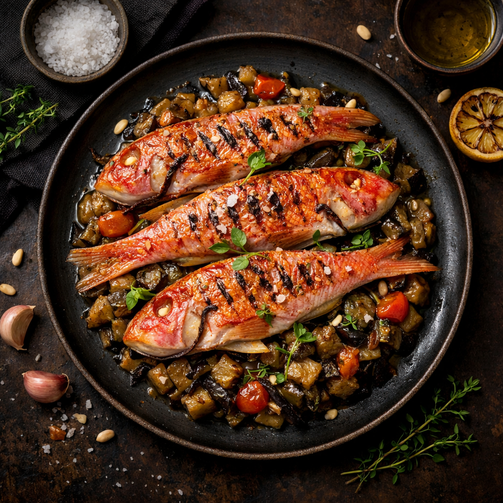 Rouget grillé avec confit d'aubergine