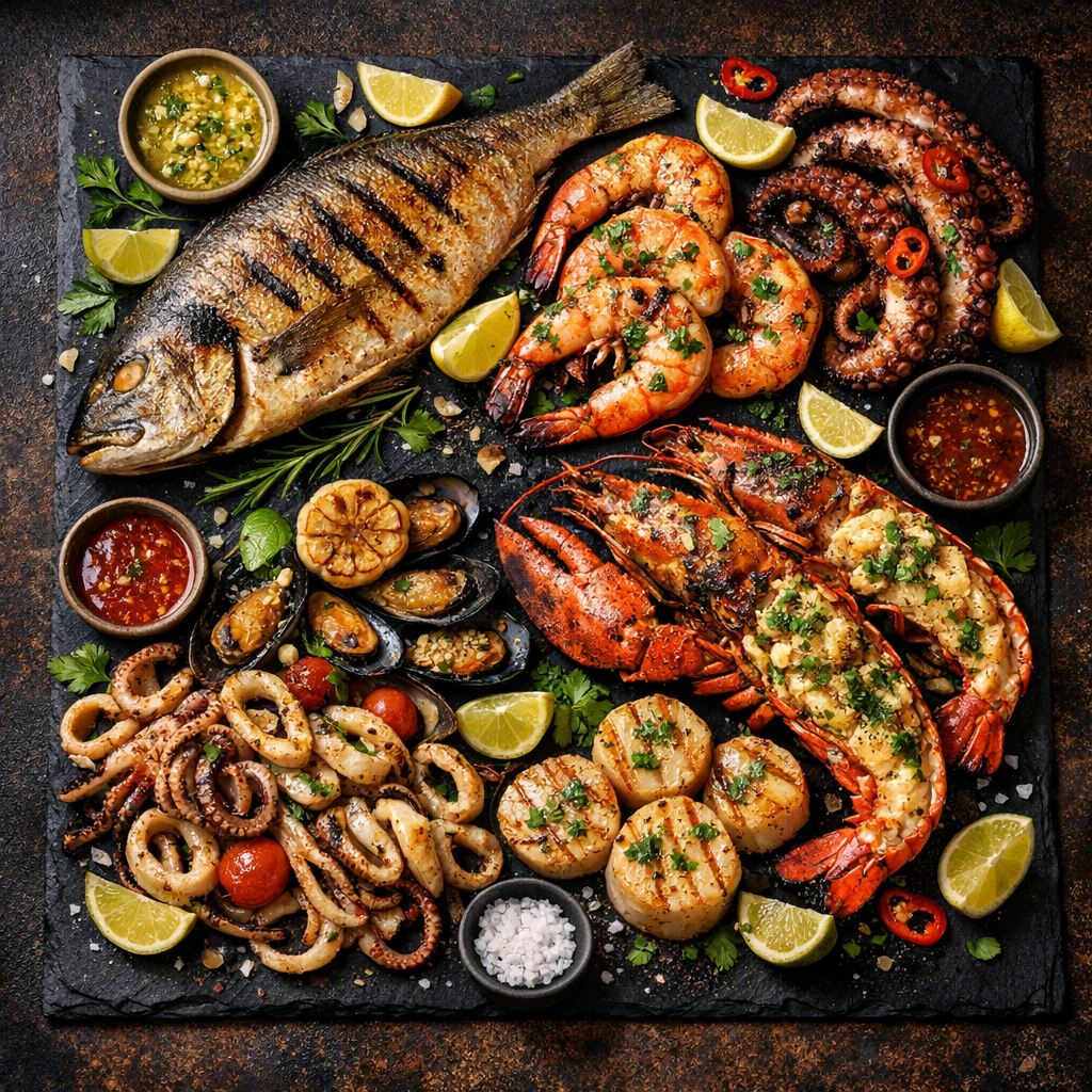 Poisson grillé et fruits de mer