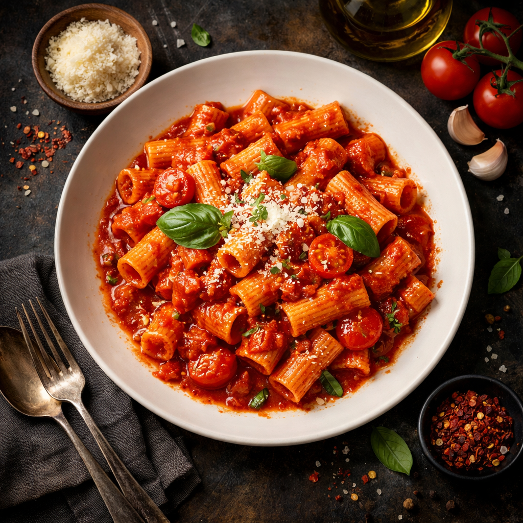 Pasta with rich tomato sauce