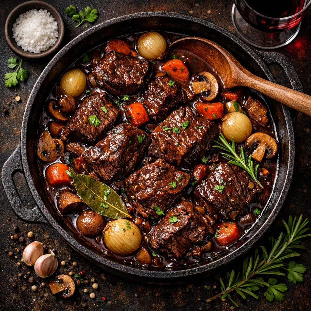 Boeuf braisé au vin rouge et aux herbes