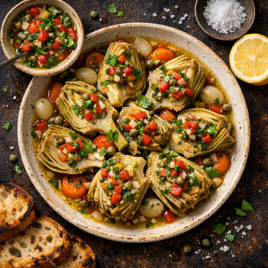 Artichauts à la Barigoule et sauce vierge