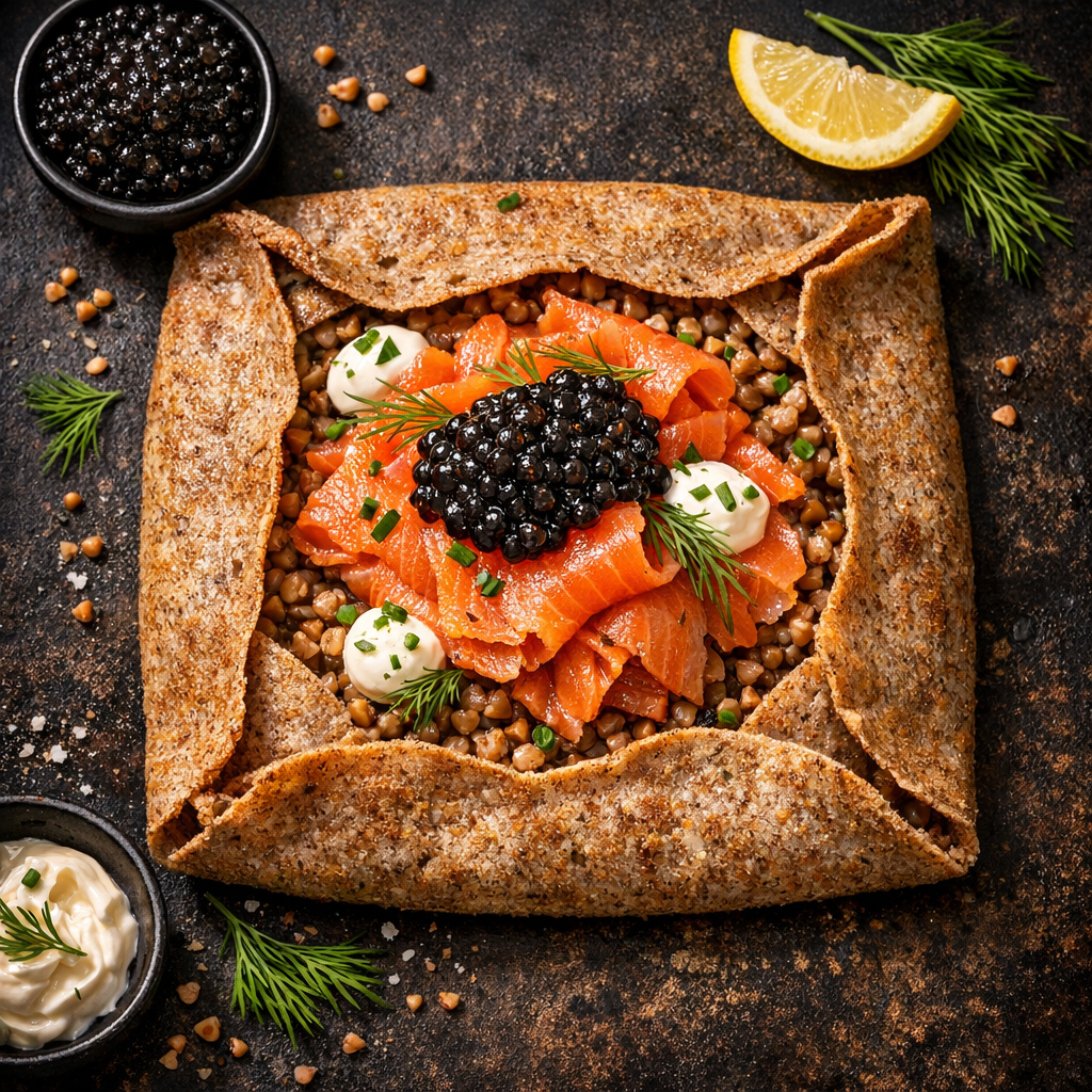 Galette de kasha au saumon fumé sauvage et caviar
