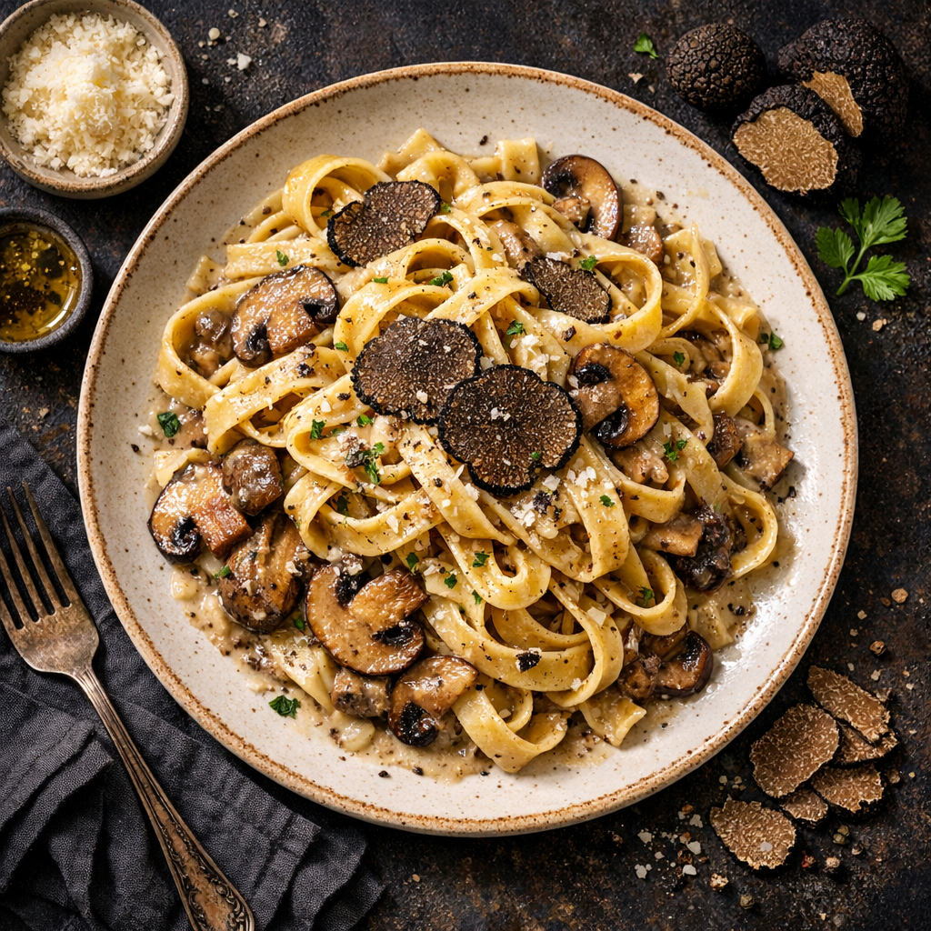 Pâtes à la sauce de champignons et truffes