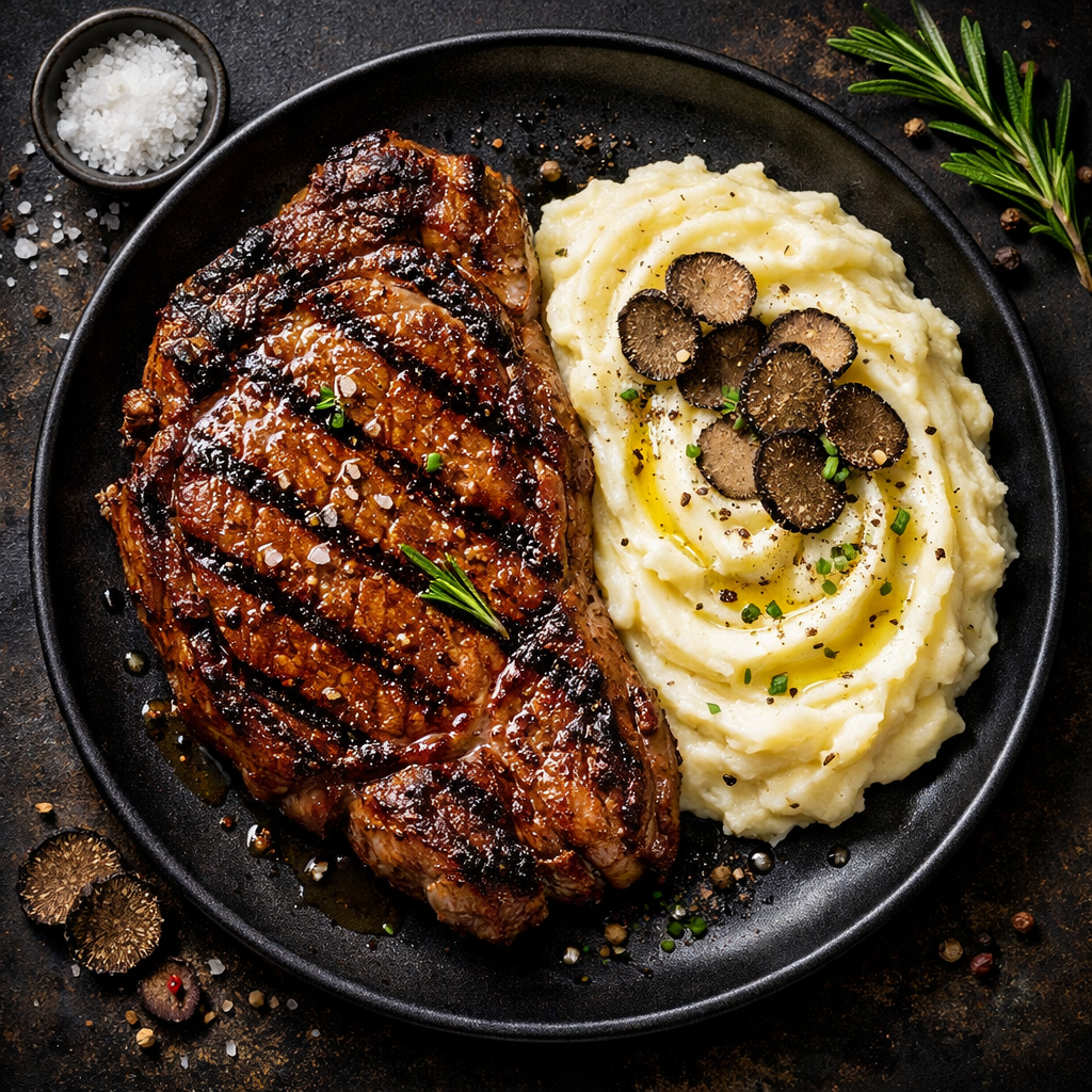 Côte de boeuf grillée avec purée de pommes de terre aux truffes