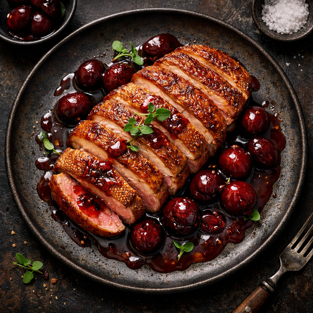 Magret de canard poêlé au gastrique de cerise