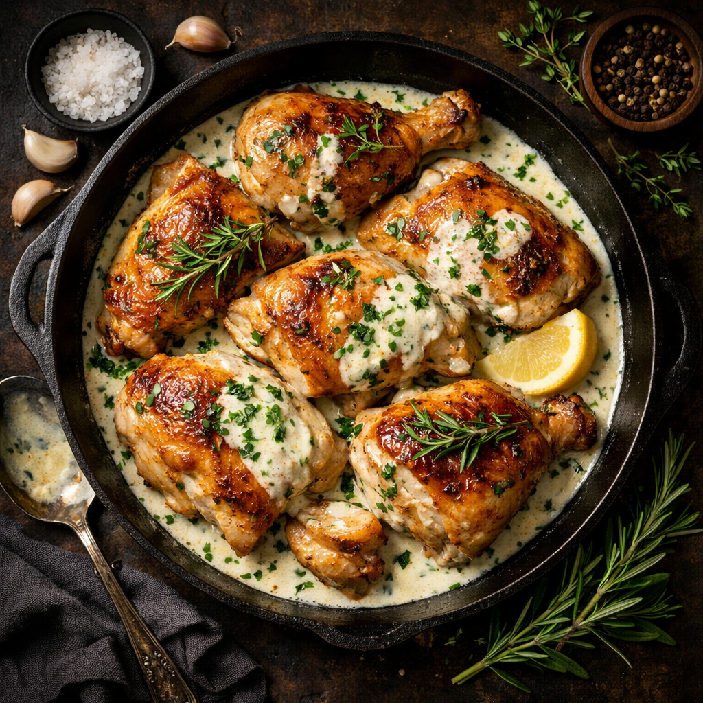 Poulet rôti aux herbes et sauce crème