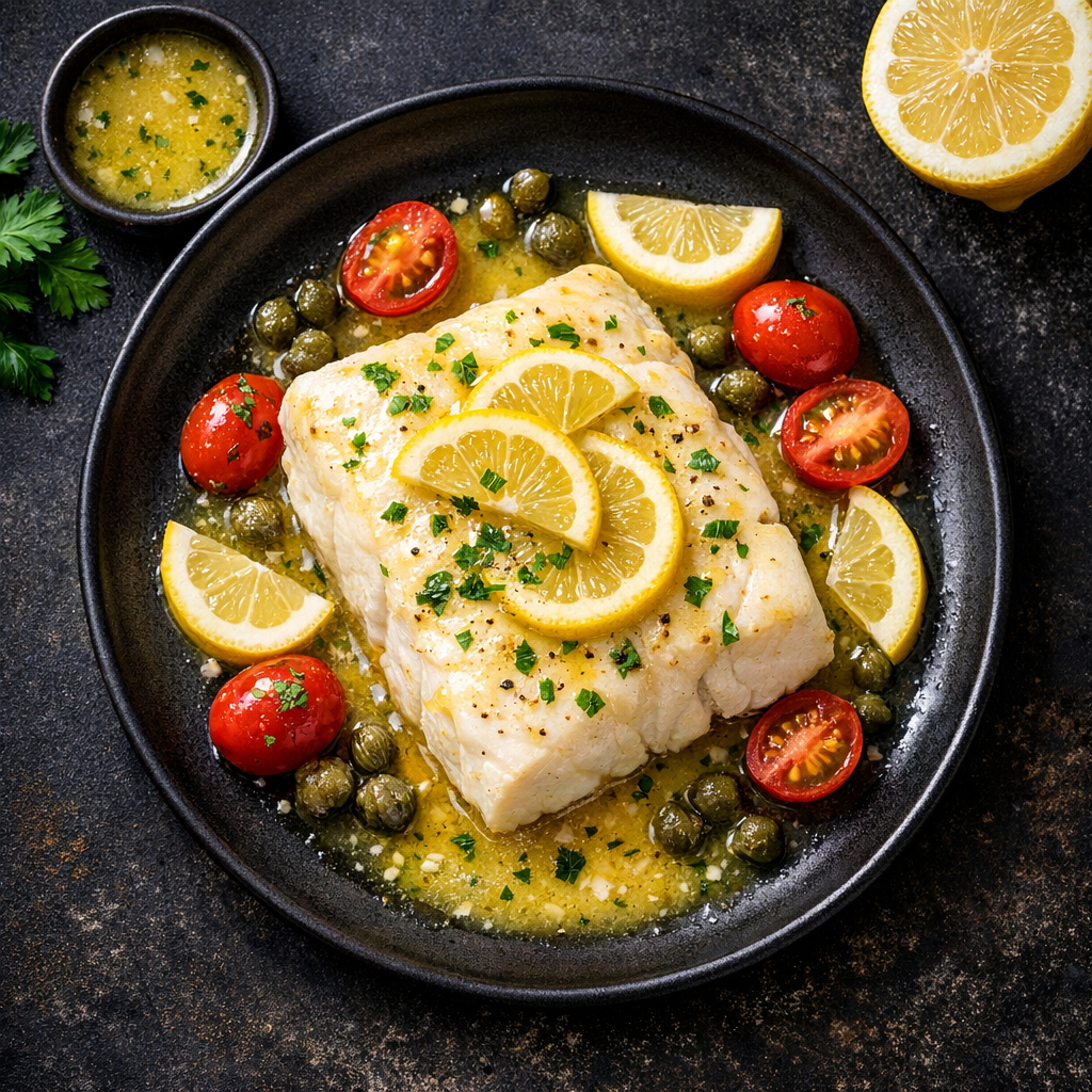 Flétan poché au beurre avec sauce citron