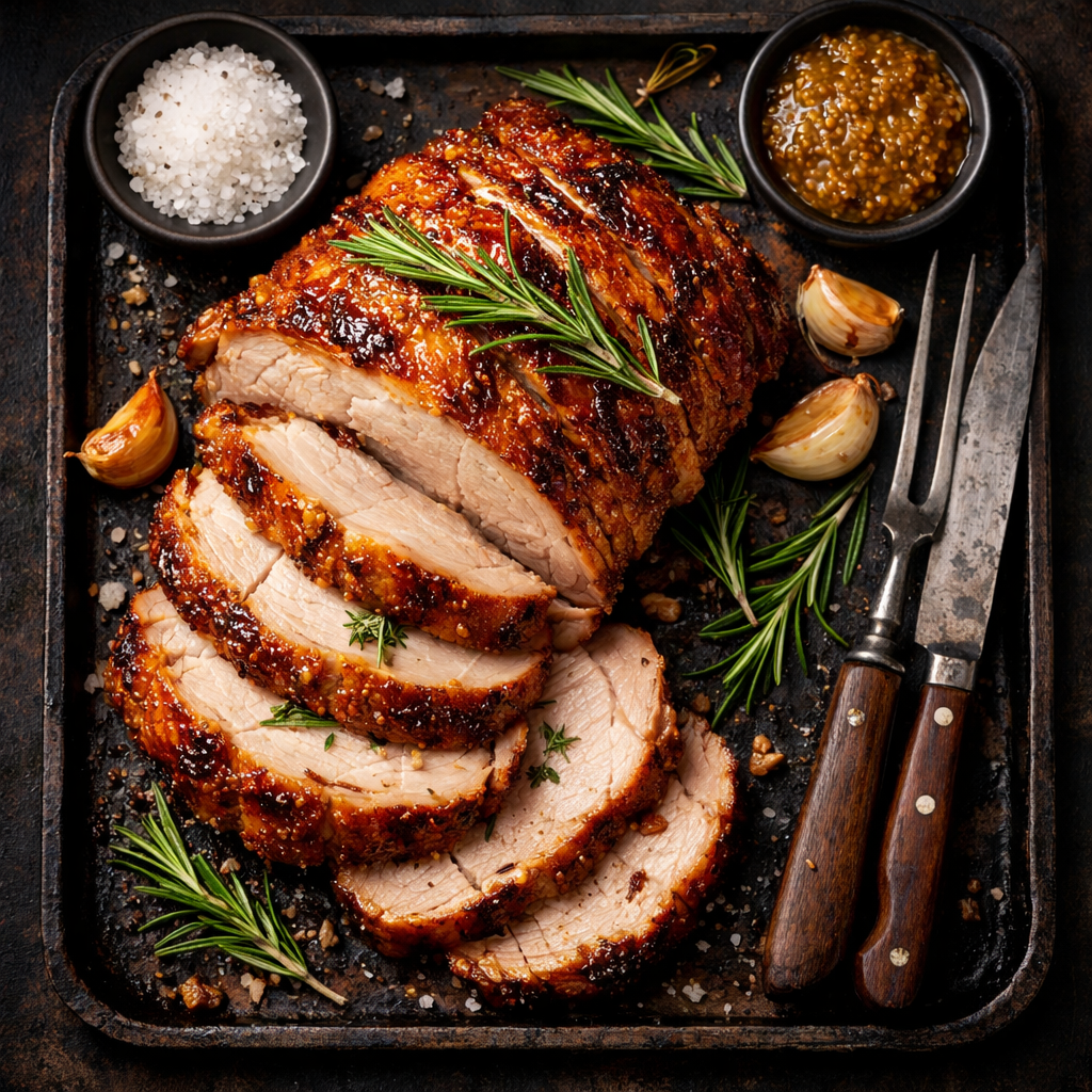 Gebratenes Schweinefleisch mit Rosmarin