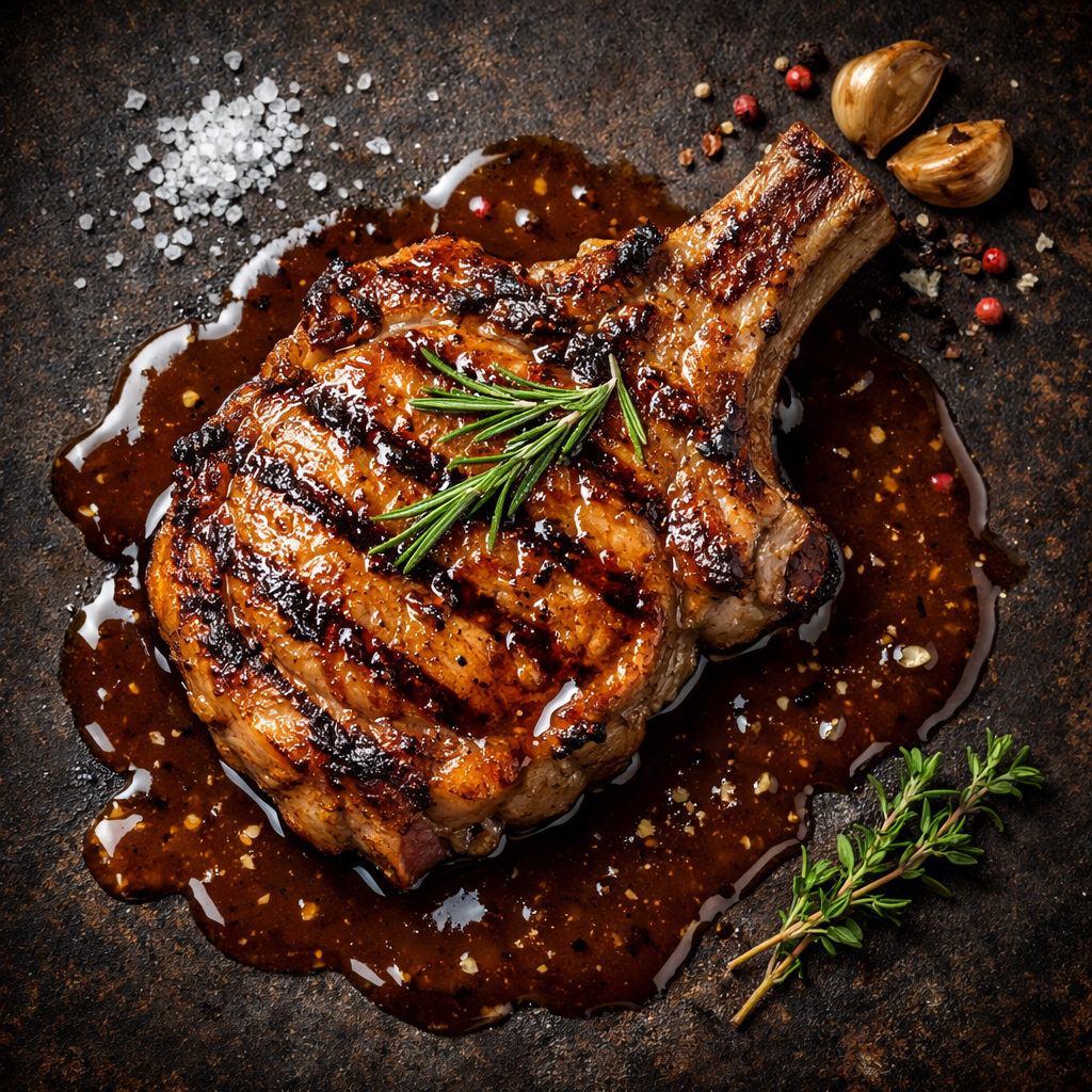 Côte de porc ibérique grillée avec jus riche