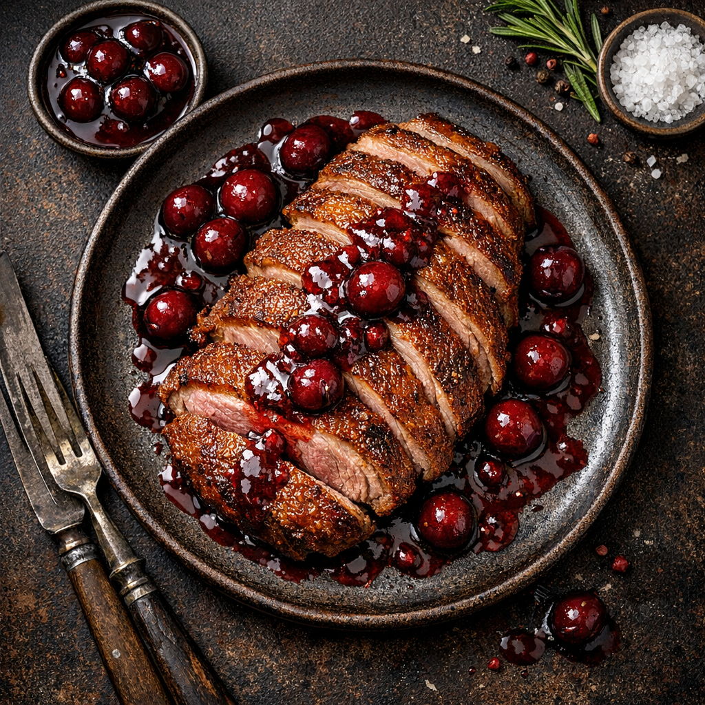 Canard rôti à la sauce cerise