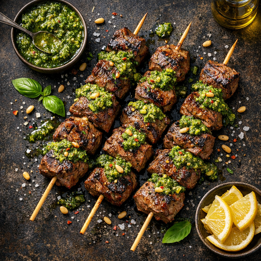 Brochettes de boeuf marinées au pesto