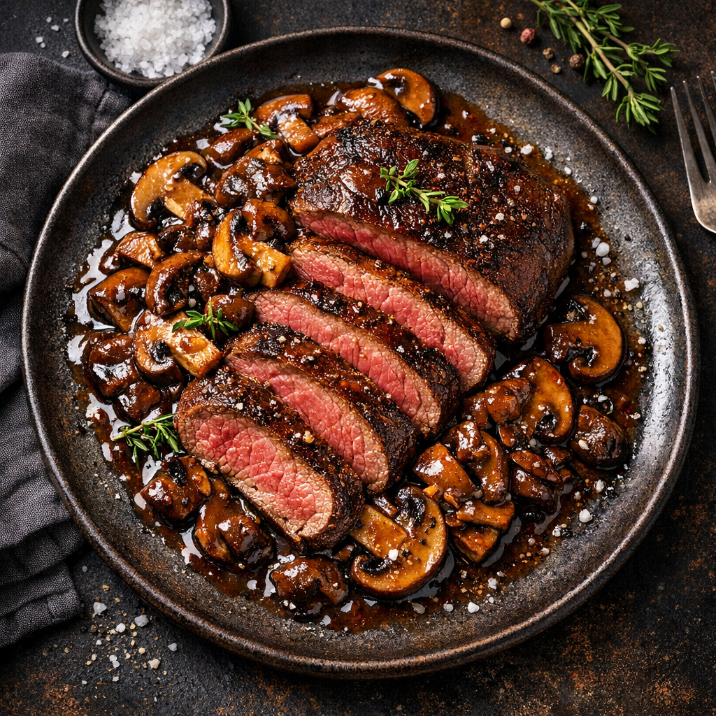 Steak de cerf avec réduction de champignons