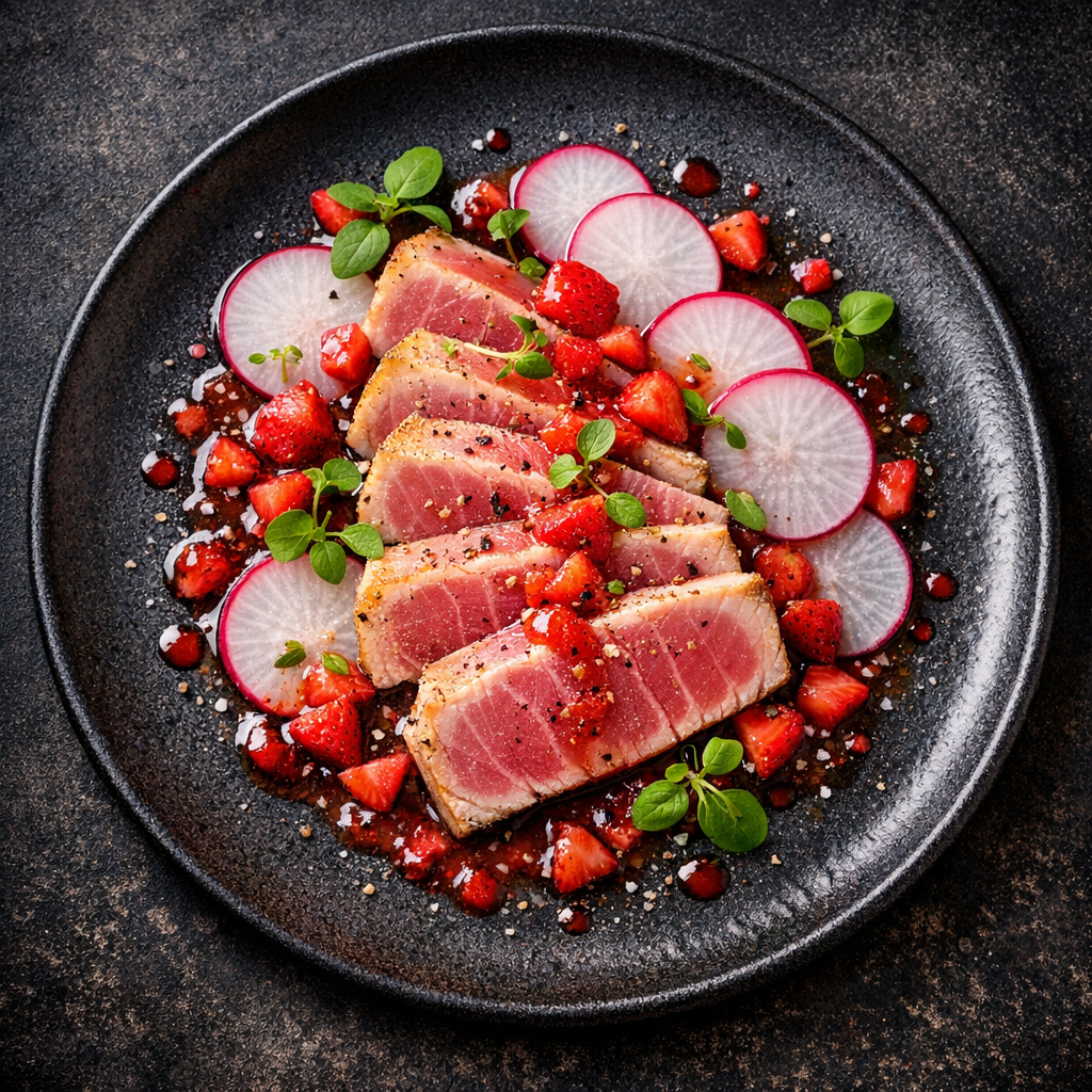 Thon blanc mi-cuit, radis et vinaigrette aux fraises