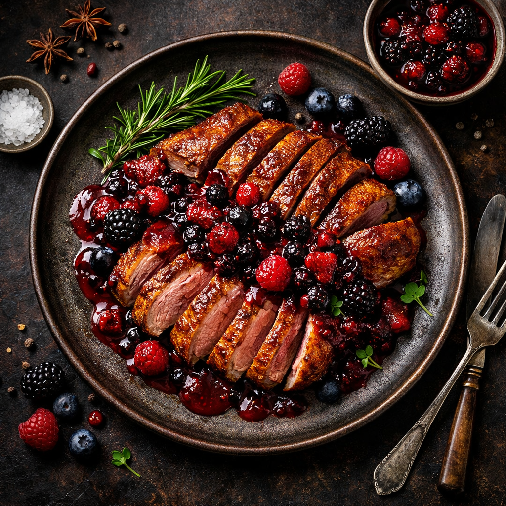 Canard rôti avec compote de baies